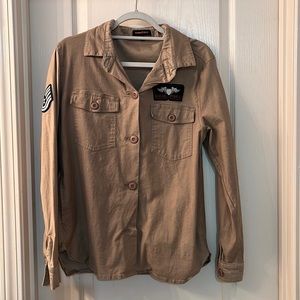 Brown button up cotton shirt with patches